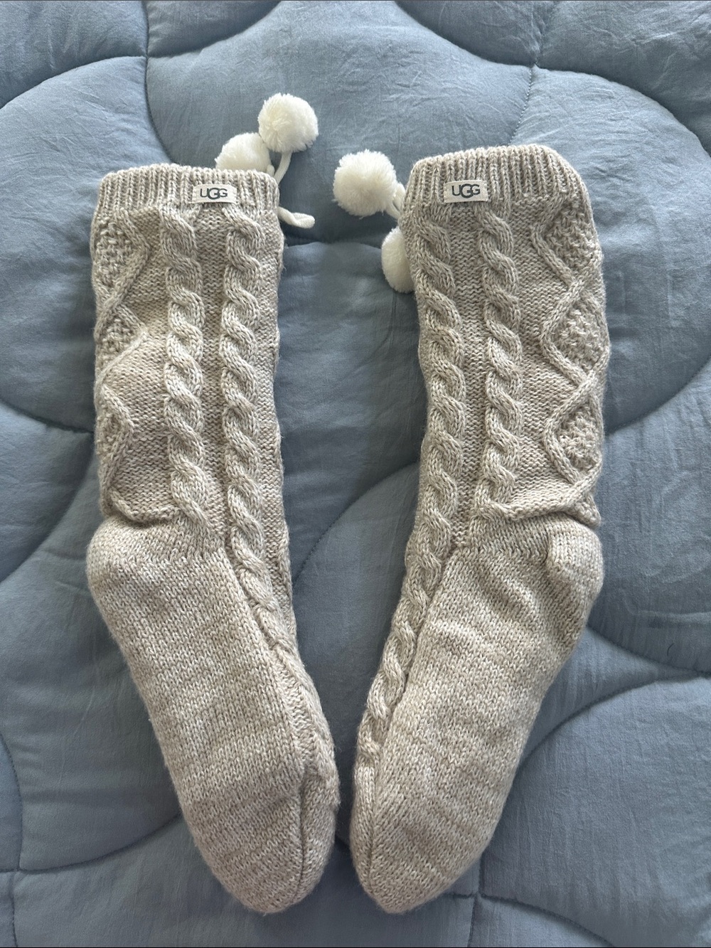 UGG Light Gray Cable Knit Pom Pom Socks